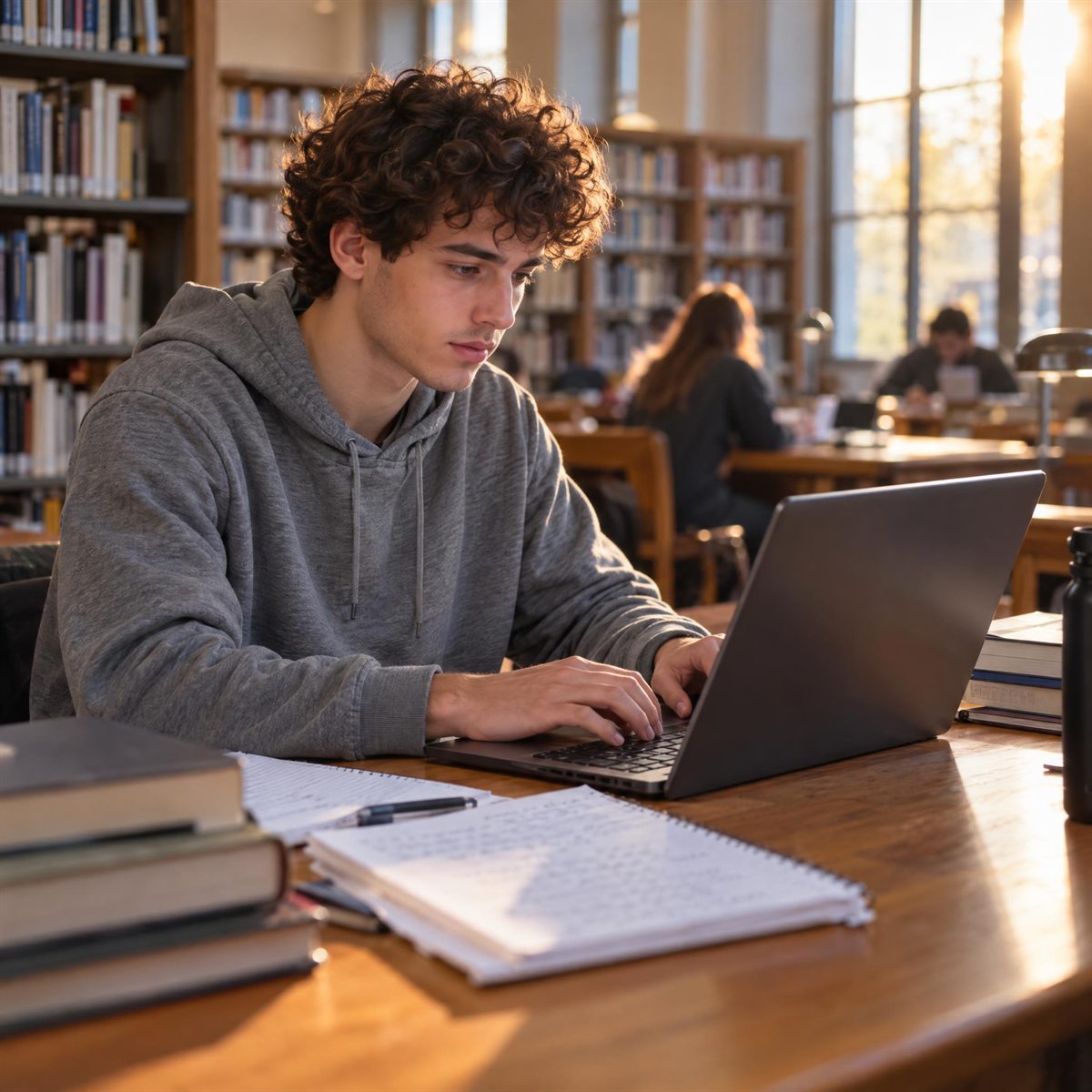 Un étudiant tape sur son ordinateur portable, dans une bibliothèque.