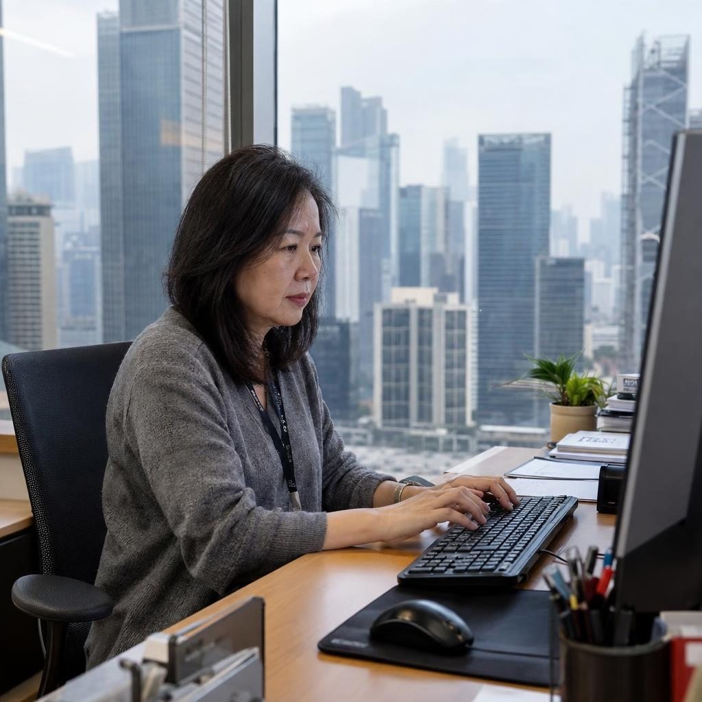 Une femme tape sur son clavier, dans un bureau qui donne sur la ville.