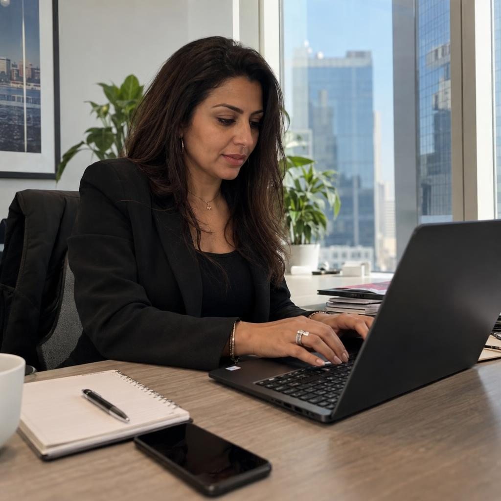 Une femme en veste noire tape sur son ordinateur portable, à son bureau.