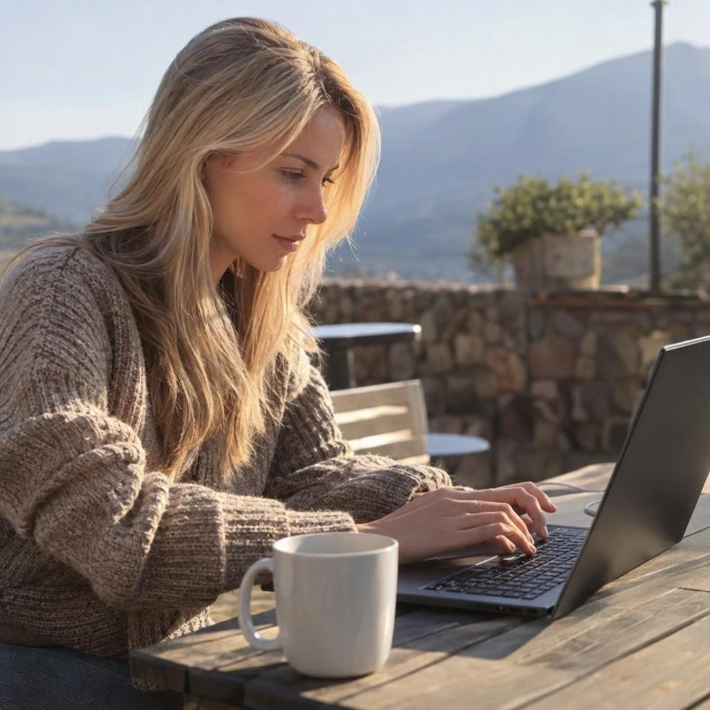 Une femme tape sur son ordinateur portable, une tasse à côté d’elle, sur une terrasse.