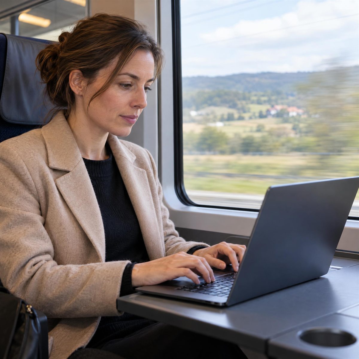 Une femme tape sur son ordinateur portable, assise près de la fenêtre d’un train.