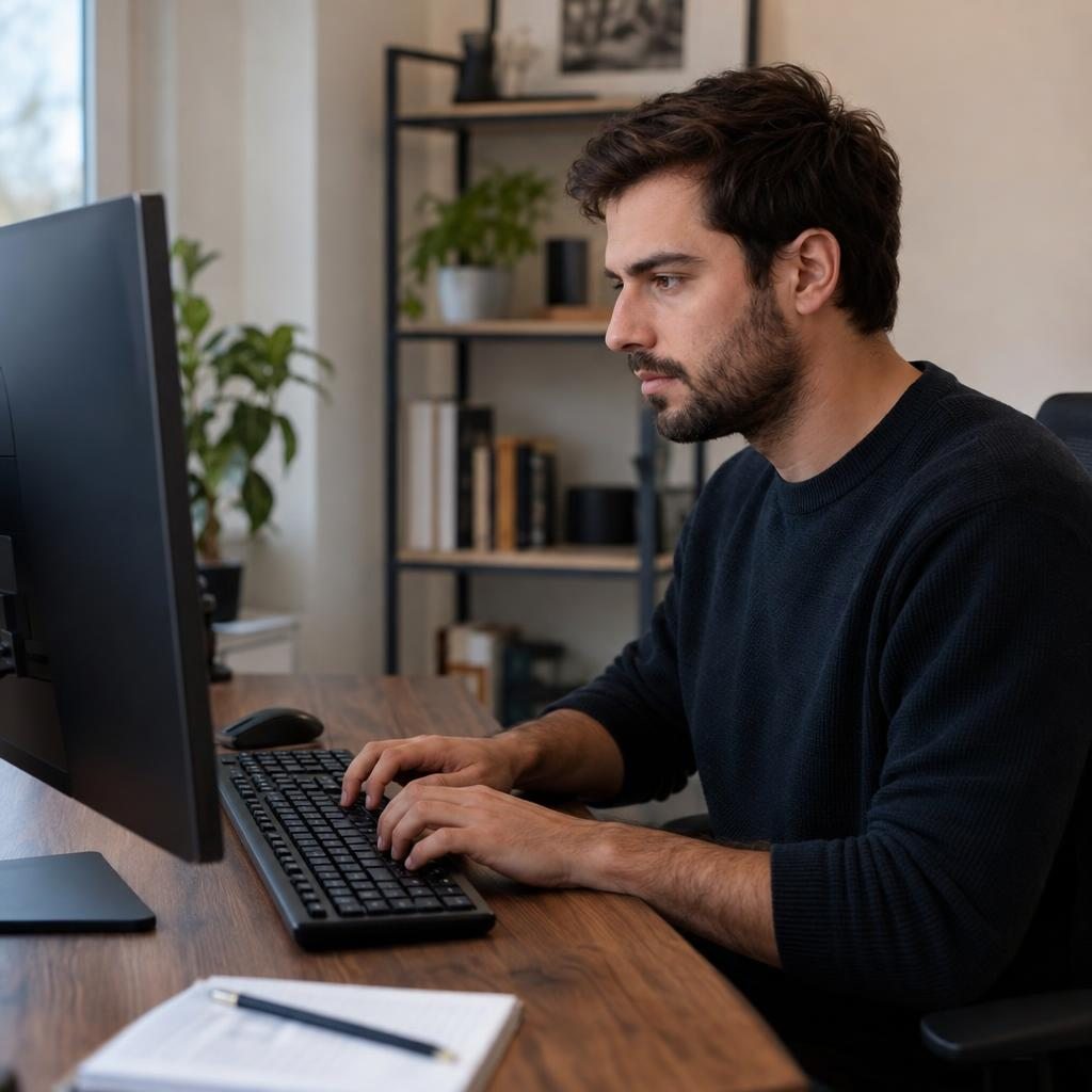 Un homme tape sur le clavier de son ordinateur de bureau, chez lui.