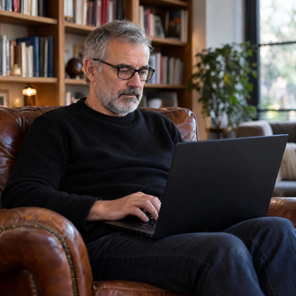 Un homme à lunettes tape sur son ordinateur portable, installé dans un fauteuil en cuir.