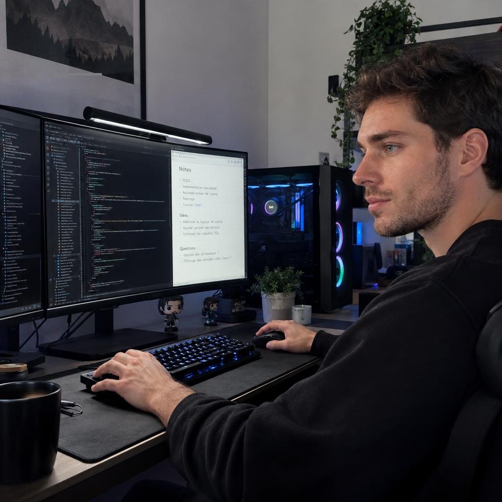 Un jeune homme devant ses écrans et son ordinateur fixe, la main sur le clavier.